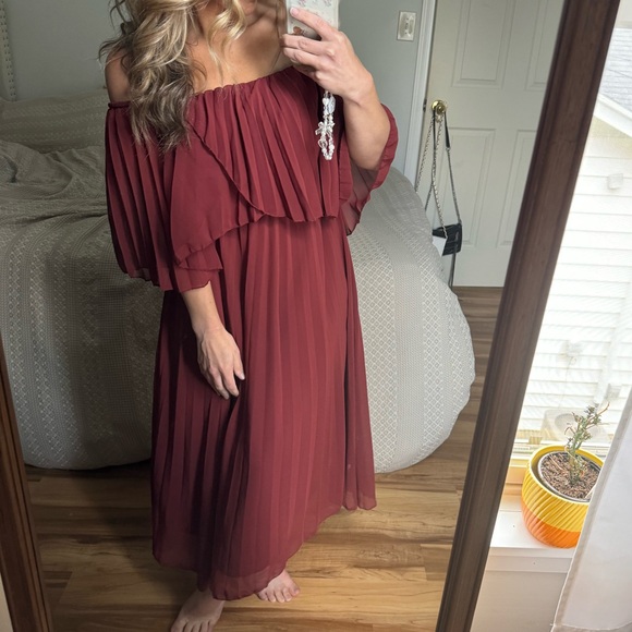 ASOS Rust Ruffle Strapless Dress accordion pleat midi off shoulder 6 - Picture 3 of 7